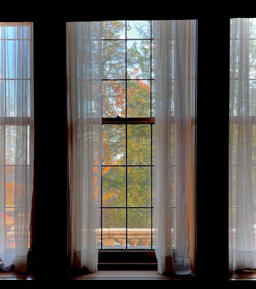 A tall window with sheer white curtains framing autumn trees outside